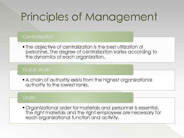Principles of Management Centralization • The objective of centralization is the best utilization of