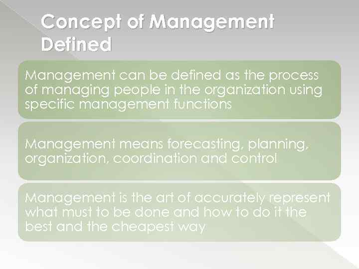 Concept of Management Defined Management can be defined as the process of managing people