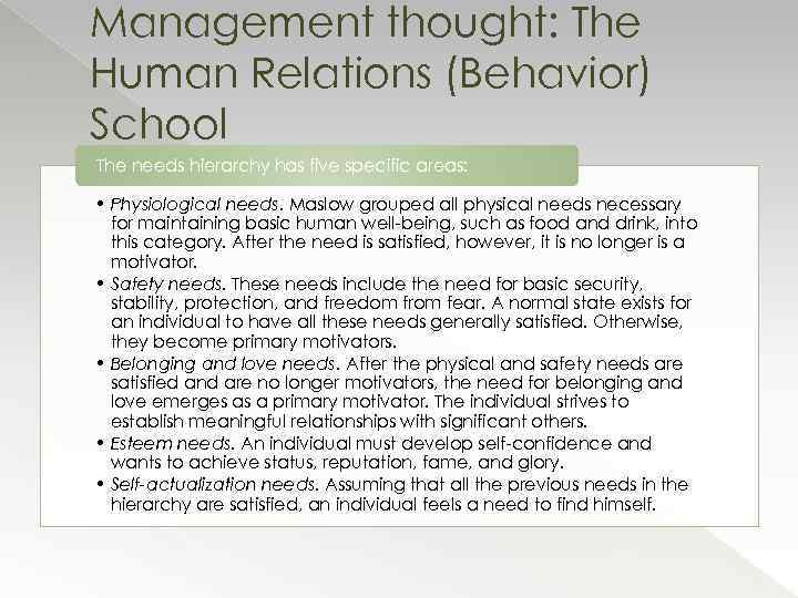 Management thought: The Human Relations (Behavior) School The needs hierarchy has five specific areas: