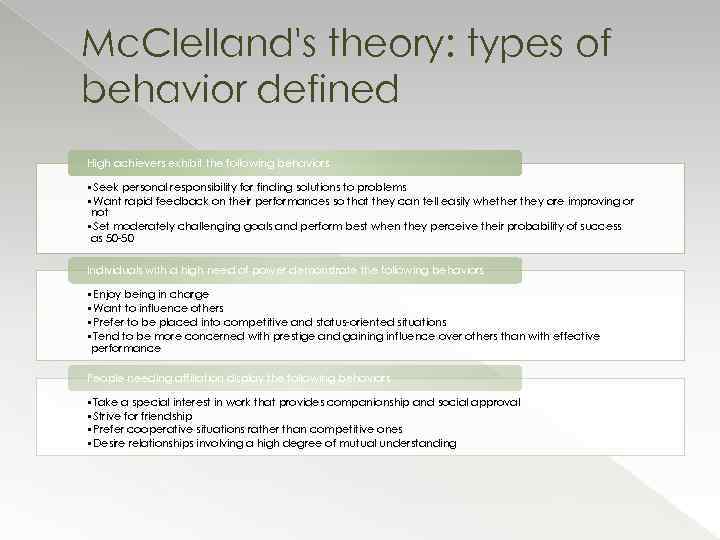 Mc. Clelland's theory: types of behavior defined High achievers exhibit the following behaviors •