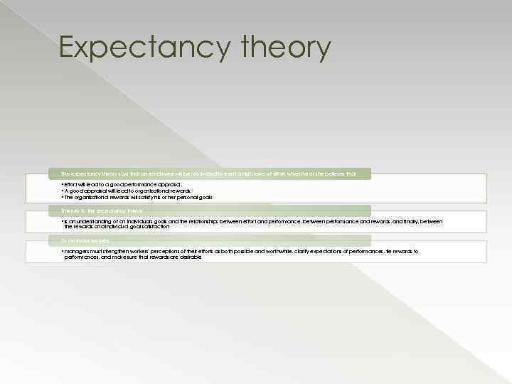 Expectancy theory The expectancy theory says that an employee will be motivated to exert