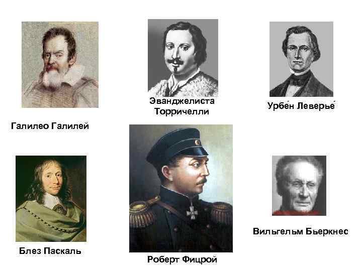 Эванджелиста Торричелли Урбе н Леверье Галилео Галилей Вильгельм Бьеркнес Блез Паскаль Роберт Фицрой 