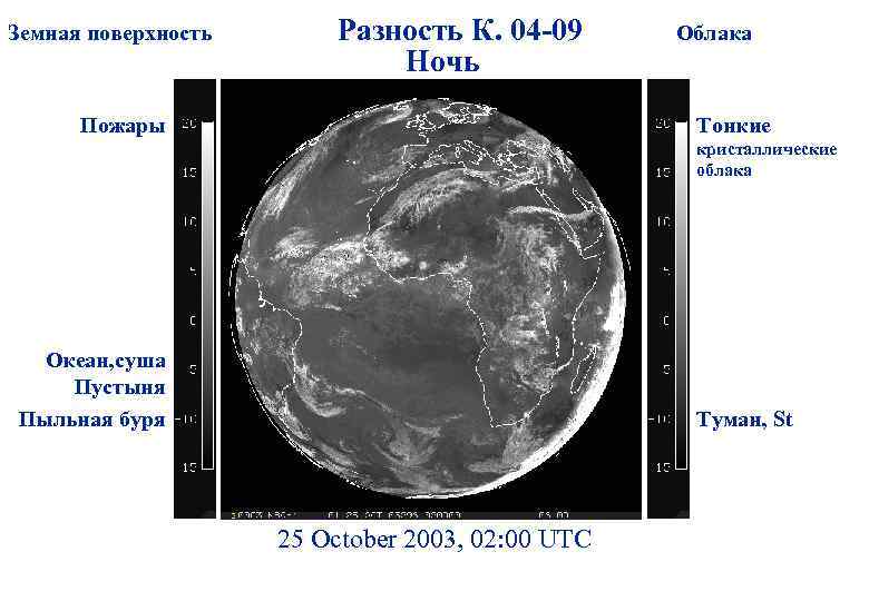 Земная поверхность Разность К. 04 -09 Ночь Пожары Облака Тонкие кристаллические облака Океан, суша