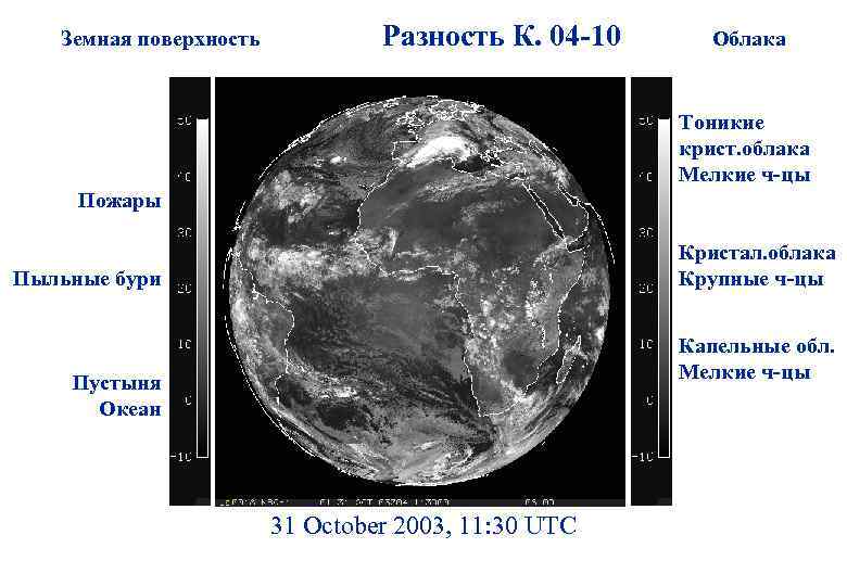 Земная поверхность Разность К. 04 -10 Облака Тоникие крист. облака Мелкие ч-цы Пожары Кристал.