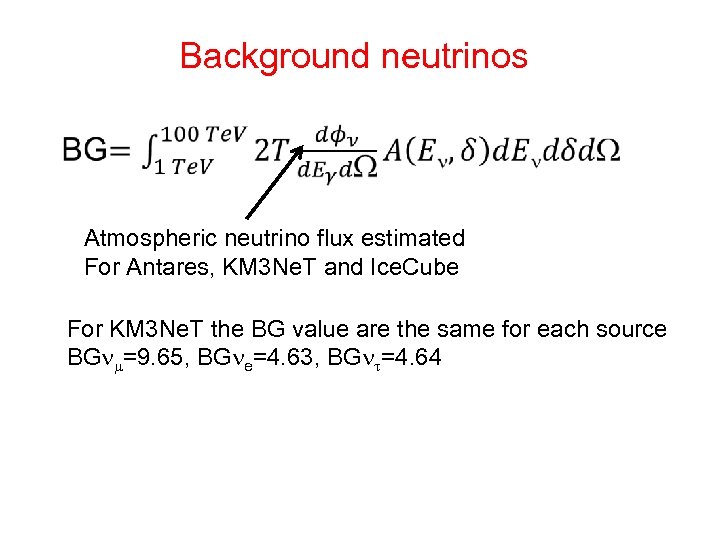 Background neutrinos Atmospheric neutrino flux estimated For Antares, KM 3 Ne. T and Ice.