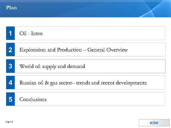Plan 1 Oil - Intro 2 Exploration and Production – General Overview 3 World