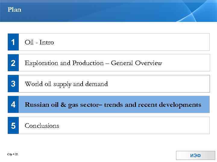 Plan 1 Oil - Intro 2 Exploration and Production – General Overview 3 World