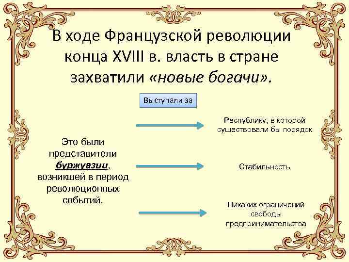 В ходе Французской революции конца XVIII в. власть в стране захватили «новые богачи» .