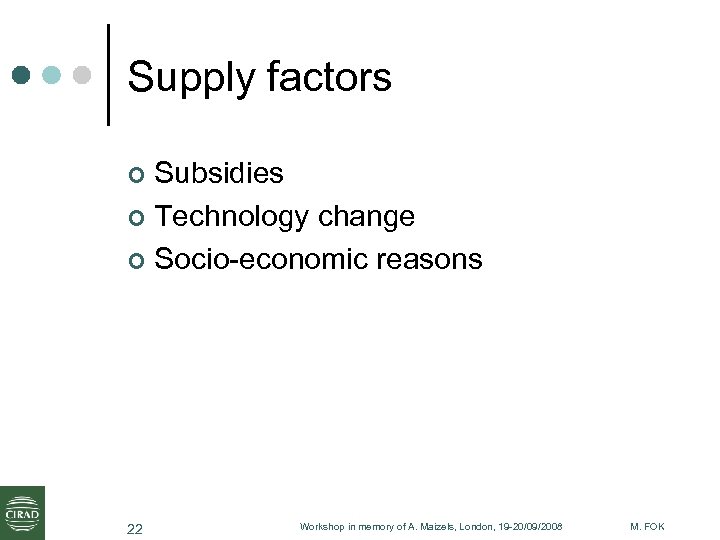 Supply factors Subsidies ¢ Technology change ¢ Socio-economic reasons ¢ 22 Workshop in memory
