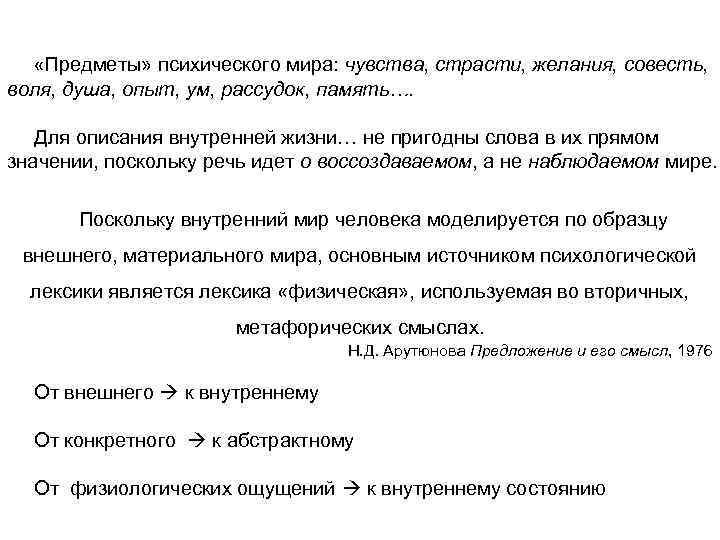  «Предметы» психического мира: чувства, страсти, желания, совесть, воля, душа, опыт, ум, рассудок, память….