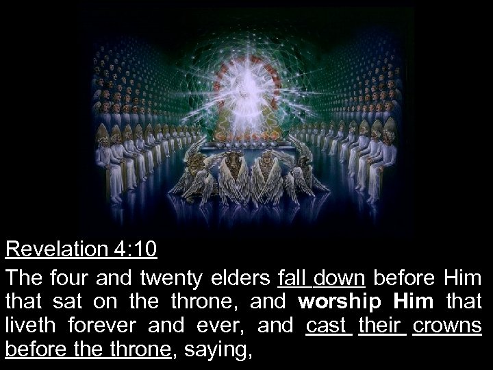Revelation 4: 10 The four and twenty elders fall down before Him that sat