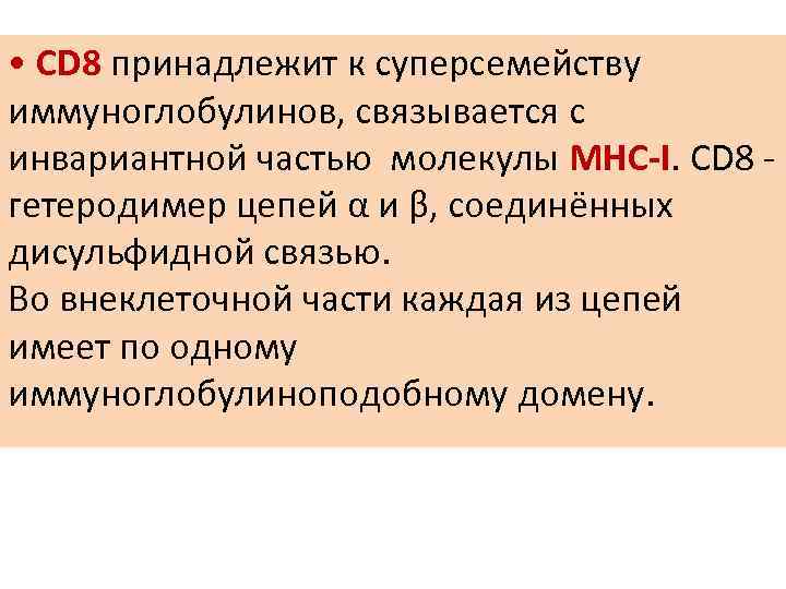  • CD 8 принадлежит к суперсемейству иммуноглобулинов, связывается с инвариантной частью молекулы MHC-I.