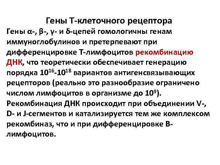 Гены T-клеточного рецептора Гены α-, β-, γ- и δ-цепей гомологичны генам иммуноглобулинов и претерпевают