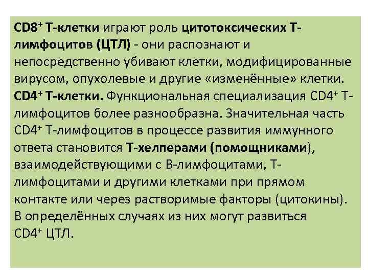 CD 8+ T-клетки играют роль цитотоксических Tлимфоцитов (ЦТЛ) - они распознают и непосредственно убивают