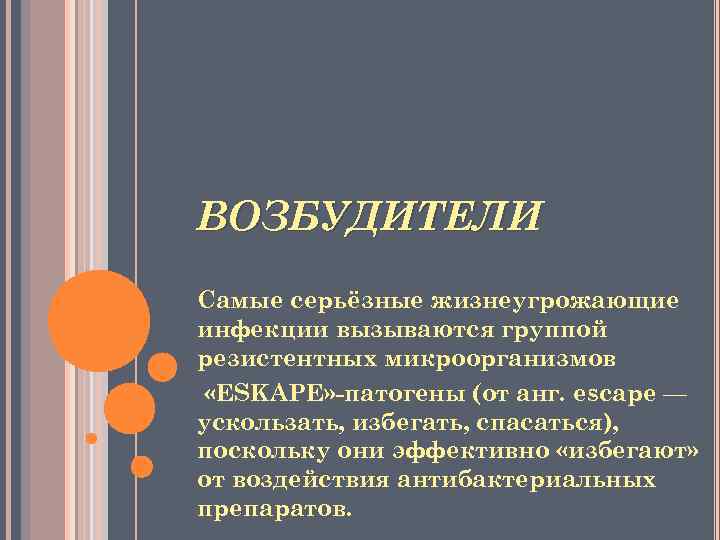 ВОЗБУДИТЕЛИ Cамые серьёзные жизнеугрожающие инфекции вызываются группой резистентных микроорганизмов «ESKAPE» -патогены (от анг. escape