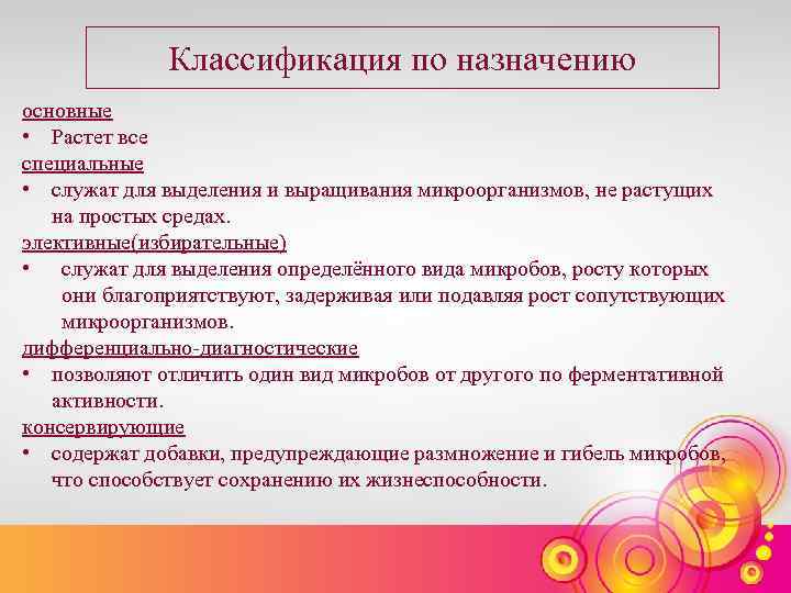 Классификация по назначению основные • Растет все специальные • служат для выделения и выращивания