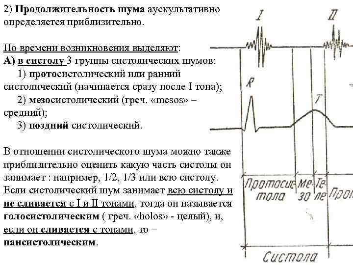 2) Продолжительность шума аускультативно определяется приблизительно. По времени возникновения выделяют: А) в систолу 3