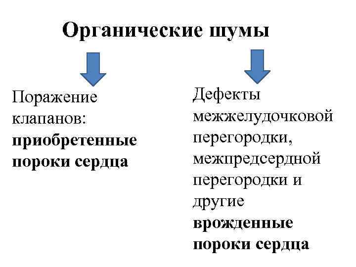 Органические шумы Поражение клапанов: приобретенные пороки сердца Дефекты межжелудочковой перегородки, межпредсердной перегородки и другие