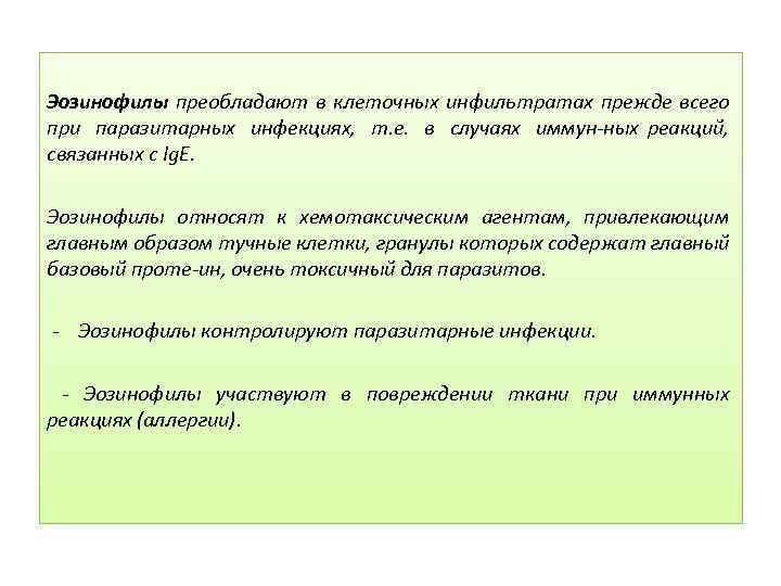 Эозинофилы преобладают в клеточных инфильтратах прежде всего при паразитарных инфекциях, т. е. в случаях