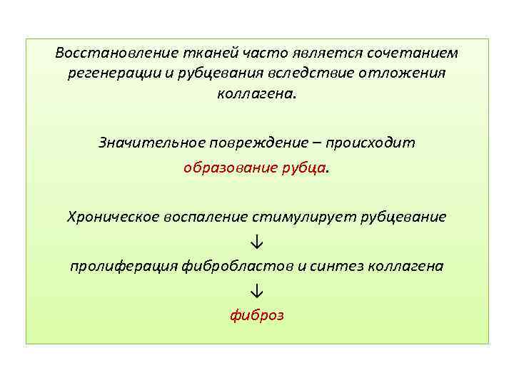 Восстановление тканей часто является сочетанием регенерации и рубцевания вследствие отложения коллагена. Значительное повреждение –