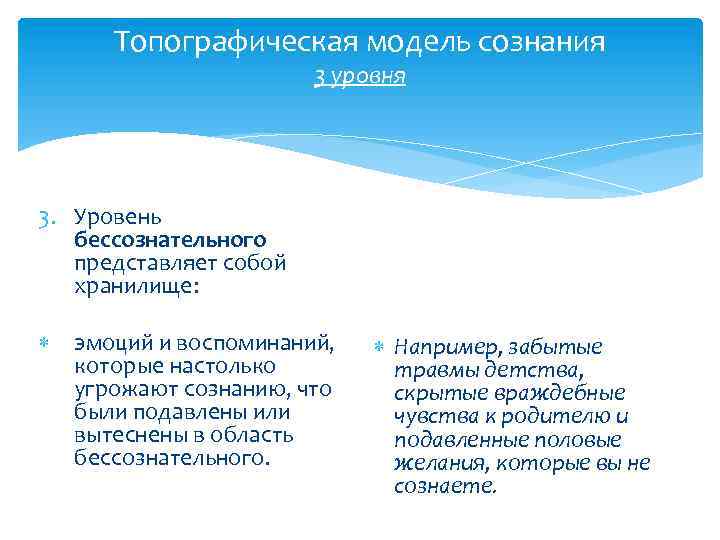 Топографическая модель сознания 3 уровня 3. Уровень бессознательного представляет собой хранилище: эмоций и воспоминаний,