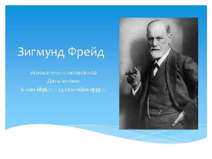 Зигмунд Фрейд основатель психоанализа Даты жизни: 6 мая 1856 г. – 23 сентября 1939