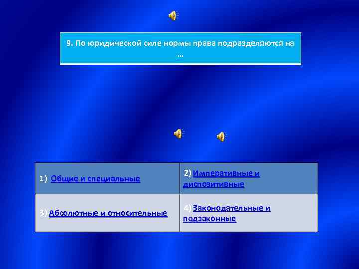 9. По юридической силе нормы права подразделяются на … 1) Общие и специальные 2)