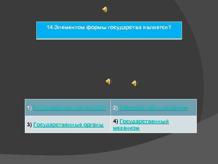 14. Элементом формы государства является? 1) Государственный аппарат 2) Государственный режим 3) Государственные органы