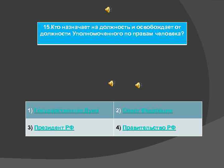 15. Кто назначает на должность и освобождает от должности Уполномоченного по правам человека? 1)