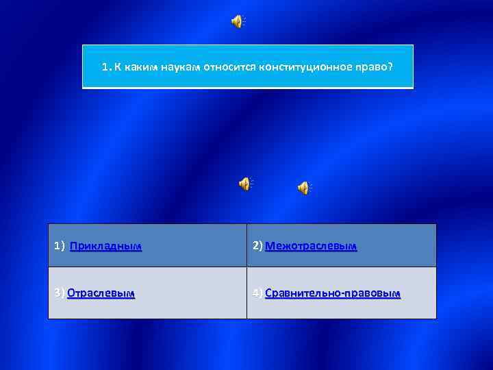 1. К каким наукам относится конституционное право? 1) Прикладным 2) Межотраслевым 3) Отраслевым 4)