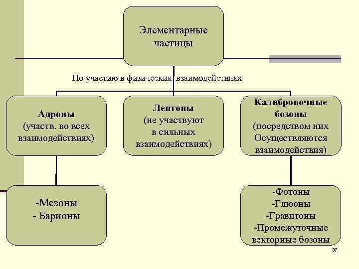 Элементарные частицы По участию в физических взаимодействиях Адроны (участв. во всех взаимодействиях) -Мезоны -