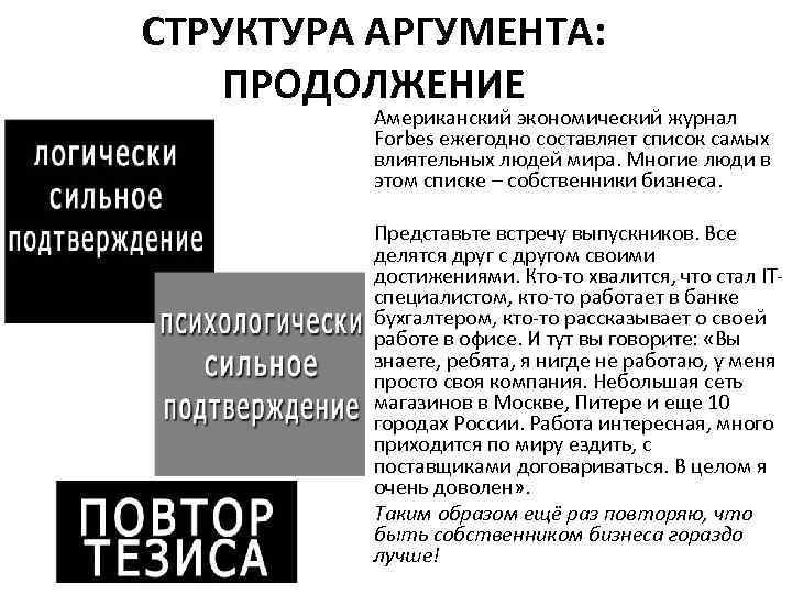 СТРУКТУРА АРГУМЕНТА: ПРОДОЛЖЕНИЕ Американский экономический журнал Forbes ежегодно составляет список самых влиятельных людей мира.