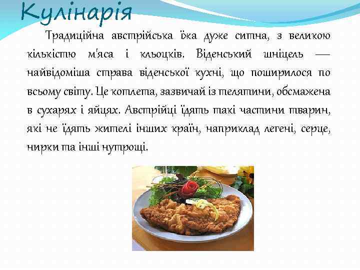 Кулінарія Традиційна австрійська їжа дуже ситна, з великою кількістю м'яса і кльоцків. Віденський шніцель