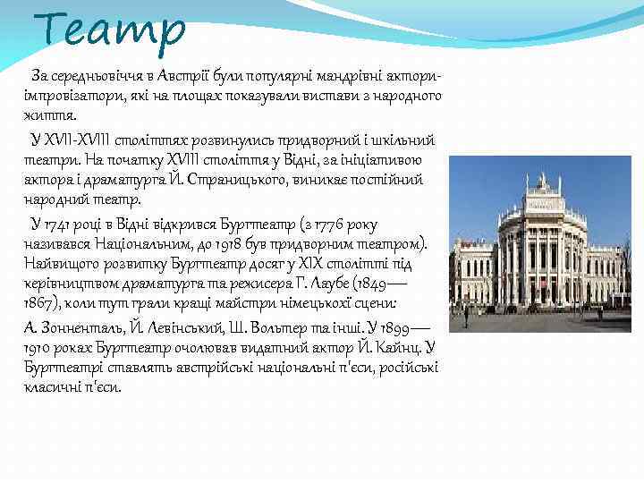 Театр За середньовіччя в Австрії були популярні мандрівні акториімпровізатори, які на площах показували вистави
