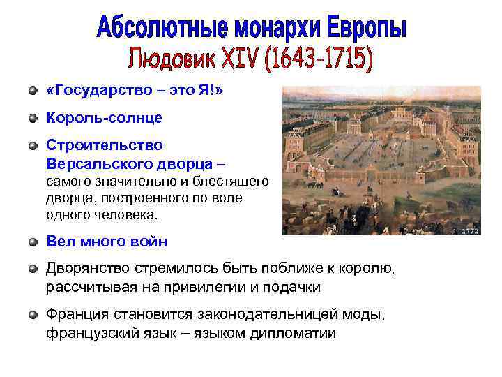  «Государство – это Я!» Король-солнце Строительство Версальского дворца – самого значительно и блестящего