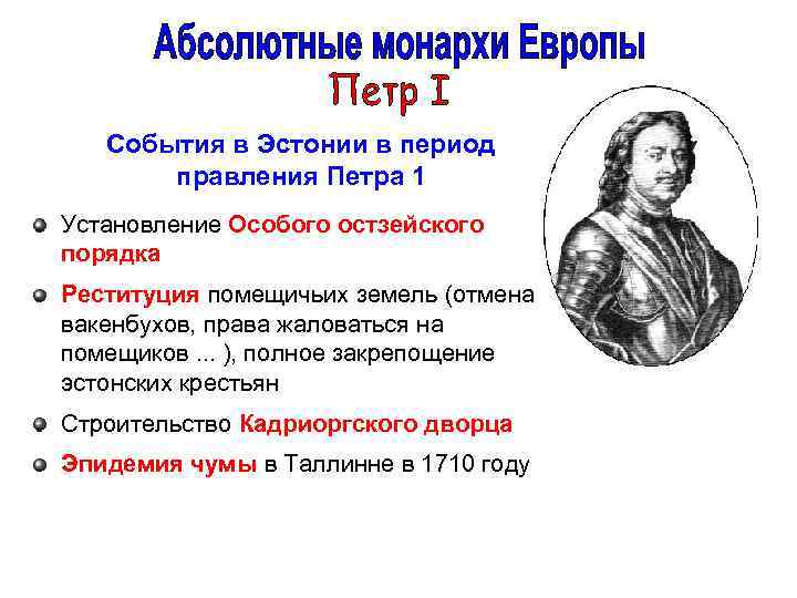 События в Эстонии в период правления Петра 1 Установление Особого остзейского порядка Реституция помещичьих
