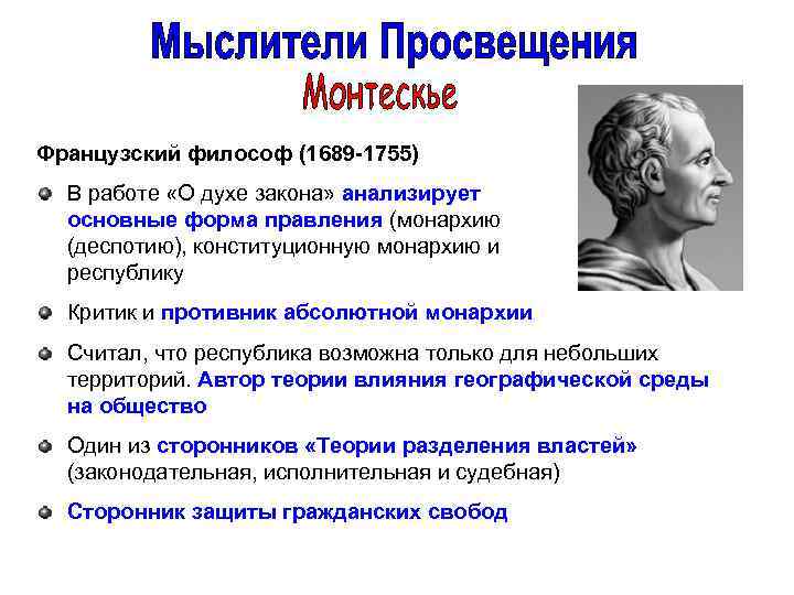 Французский философ (1689 -1755) В работе «О духе закона» анализирует основные форма правления (монархию