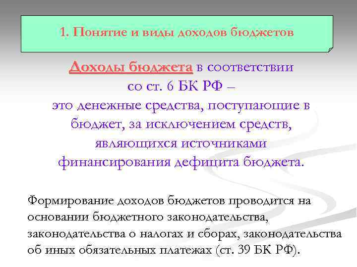 1. Понятие и виды доходов бюджетов Доходы бюджета в соответствии со ст. 6 БК