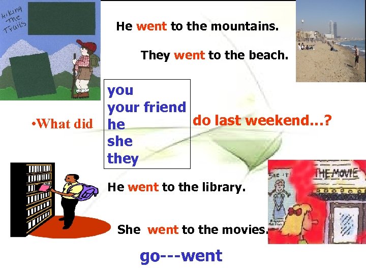 He went to the mountains. They went to the beach. your friend do last