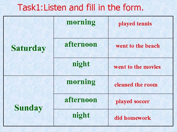 Task 1: Listen and fill in the form. morning played tennis went to the