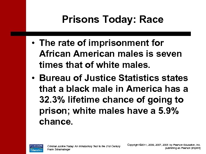 Prisons Today: Race • The rate of imprisonment for African American males is seven