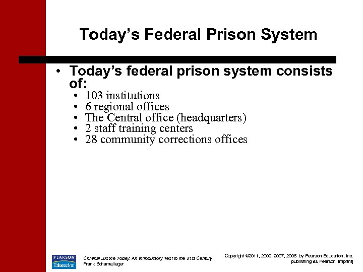 Today’s Federal Prison System • Today’s federal prison system consists of: • • •