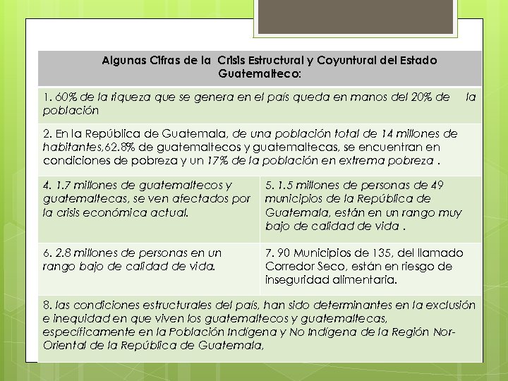 Algunas Cifras de la Crisis Estructural y Coyuntural del Estado Guatemalteco: 1. 60% de