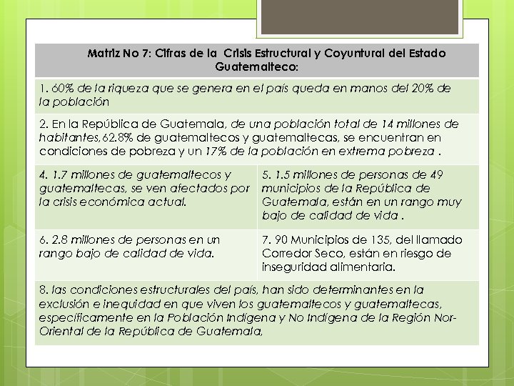Matriz No 7: Cifras de la Crisis Estructural y Coyuntural del Estado Guatemalteco: 1.