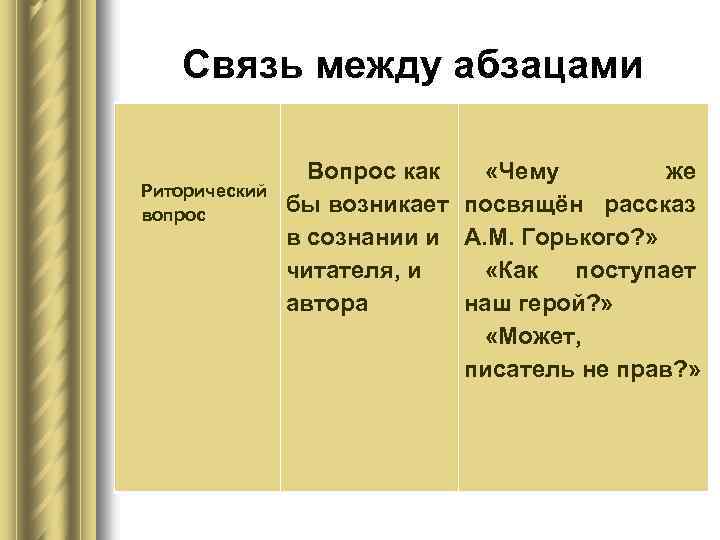 Связь между абзацами Риторический вопрос Вопрос как «Чему же бы возникает посвящён рассказ в