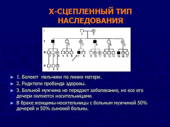 Х-СЦЕПЛЕННЫЙ ТИП НАСЛЕДОВАНИЯ 1. Болеют мальчики по линии матери. ► 2. Родители пробанда здоровы.