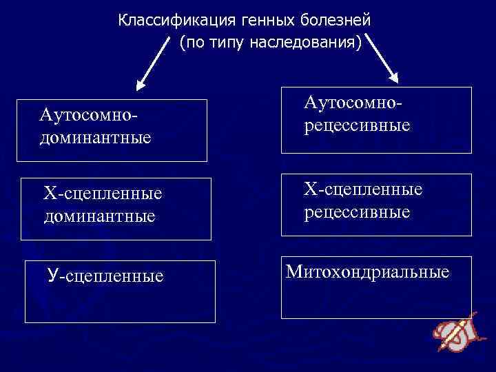  Классификация генных болезней (по типу наследования) Аутосомнодоминантные Аутосомнорецессивные Х-сцепленные доминантные Х-сцепленные рецессивные У-сцепленные