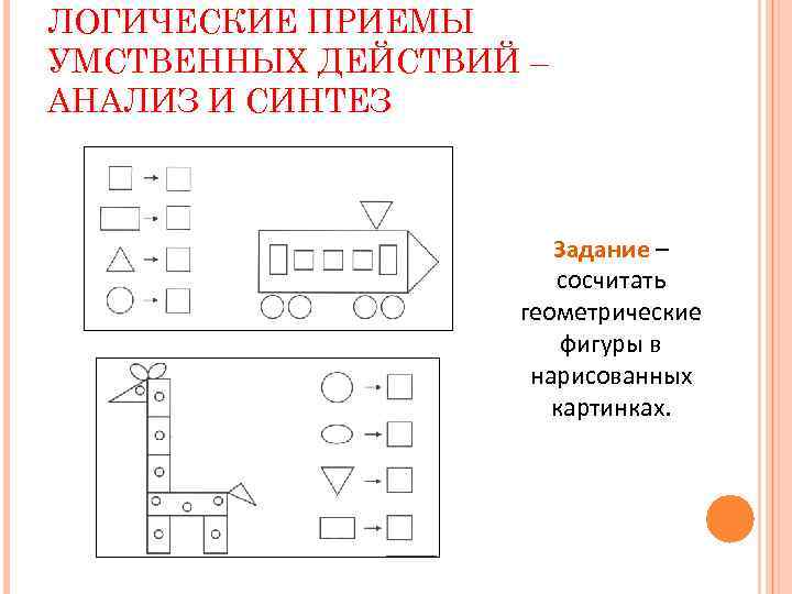 ЛОГИЧЕСКИЕ ПРИЕМЫ УМСТВЕННЫХ ДЕЙСТВИЙ – АНАЛИЗ И СИНТЕЗ Задание – сосчитать геометрические фигуры в
