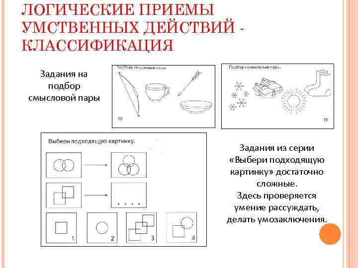 ЛОГИЧЕСКИЕ ПРИЕМЫ УМСТВЕННЫХ ДЕЙСТВИЙ КЛАССИФИКАЦИЯ Задания на подбор смысловой пары Задания из серии «Выбери