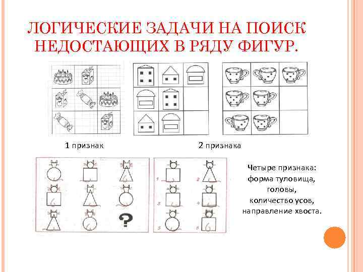 ЛОГИЧЕСКИЕ ЗАДАЧИ НА ПОИСК НЕДОСТАЮЩИХ В РЯДУ ФИГУР. 1 признак 2 признака Четыре признака: